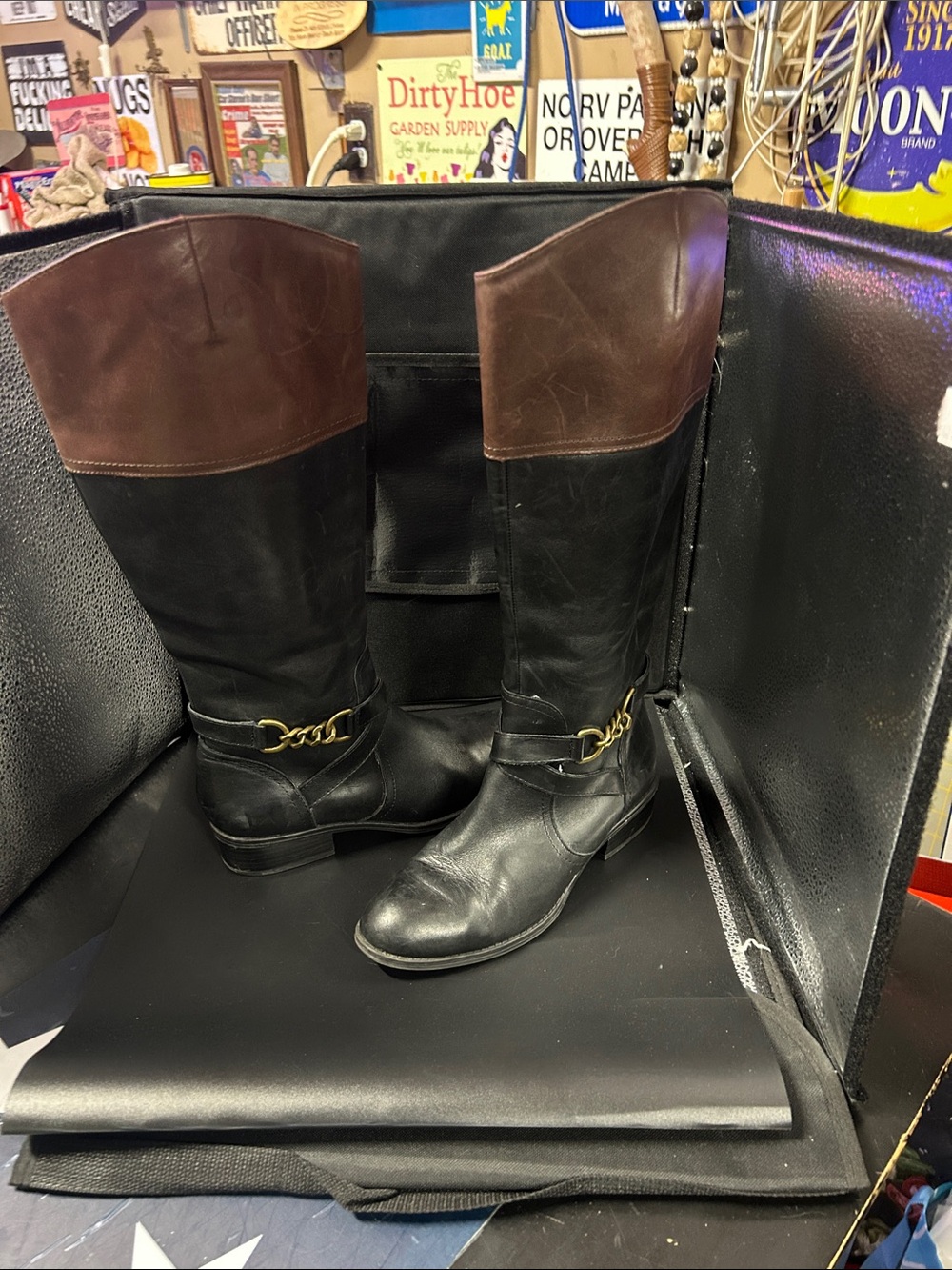 Lauren Ralph Lauren Black and Brown Leather Knee-High Riding Boots